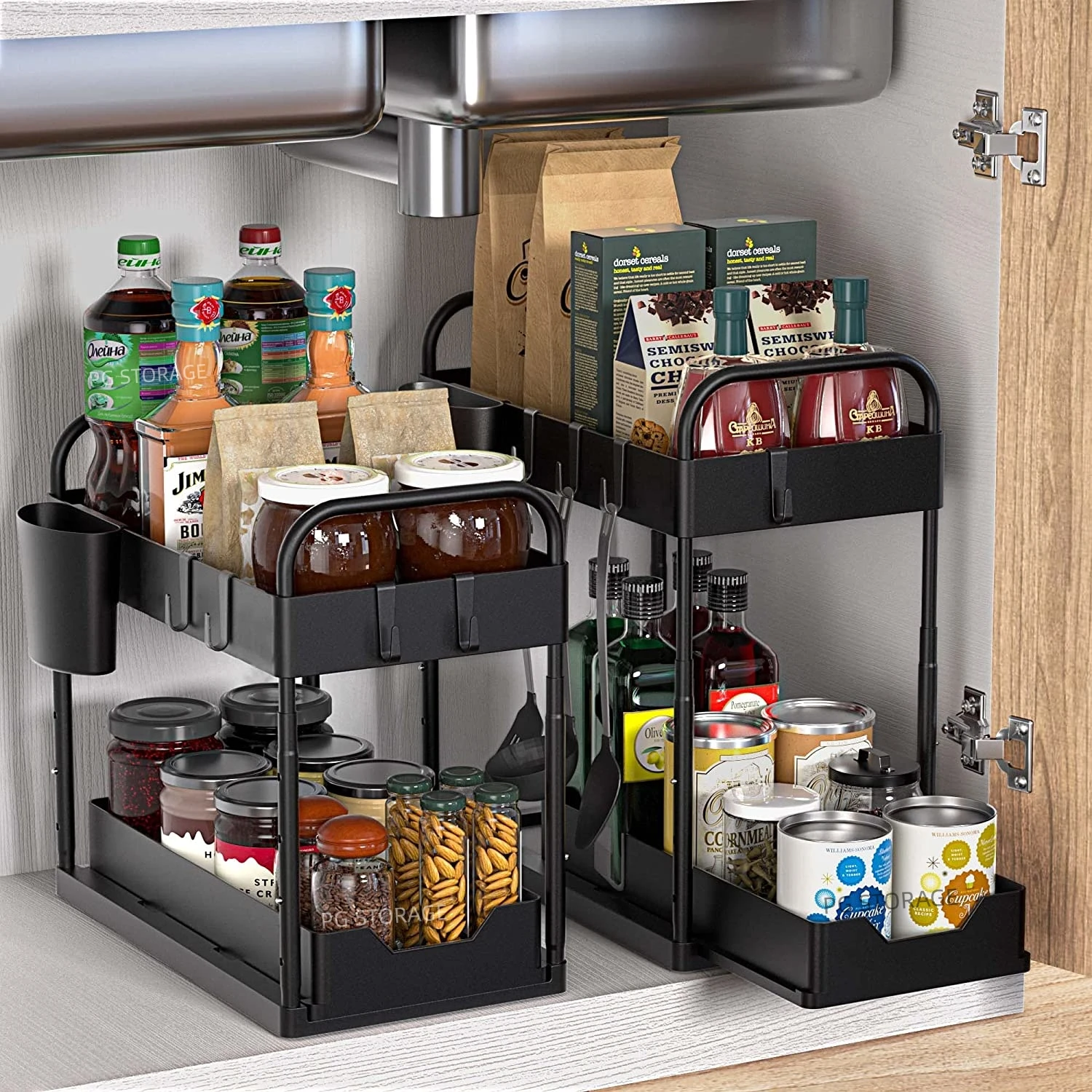 THE DWELLERY Under kitchen sink organizers and storage, 2 Pack under the  sink organizer with hooks & Hanging Cup, 2 Tier Large Capacity under sink