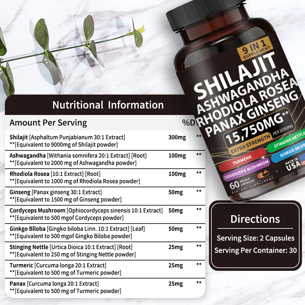 9-in-1 SHILAJIT Supplement Pure Himalaya Ashwagandha Cordyceps Ginseng Shilajit Capsules