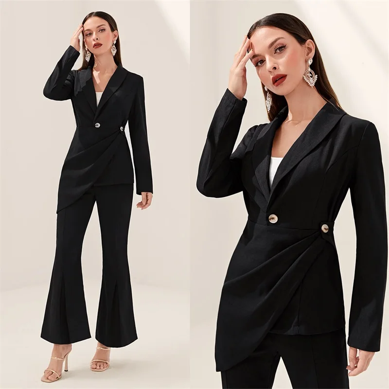 

Irregular Hem Women Suit Set Blazer+Pants 2 Pcs Black Formal Office Lady Jacket Double Breasted Wedding Tuxedo женский костю