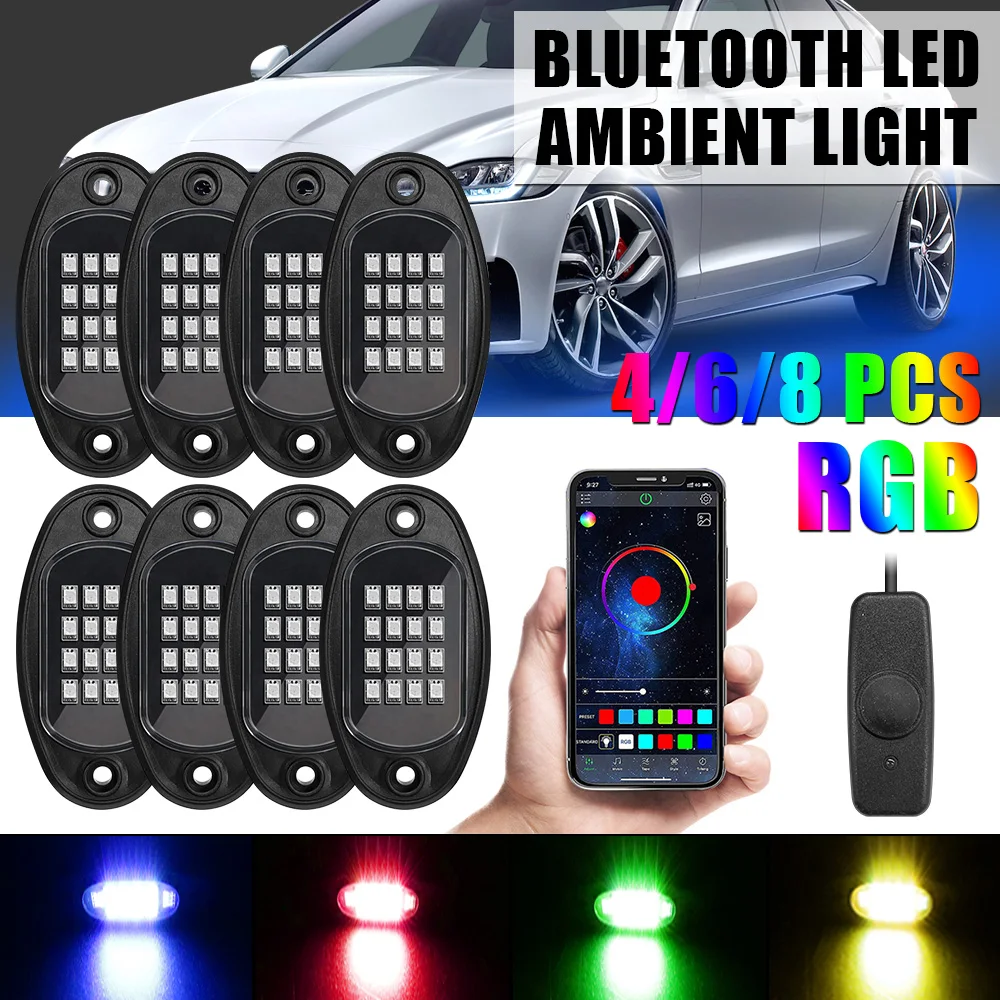 

Music Sync Bluetooth APP Control 4/6/8 In 1 RGB LED Rock Lights Car Chassis Light Undergolw For Jeep Off-Road Truck Boat