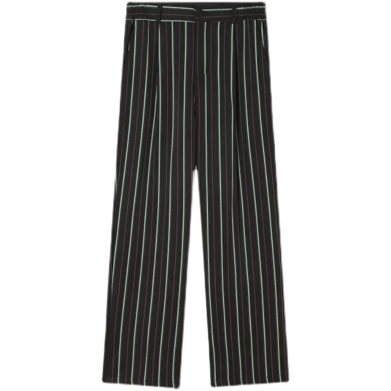 

2023Stripe Pant Suit Korea Green Casual Straight Men Streetwear Vintage Fashion Long Trousers Male