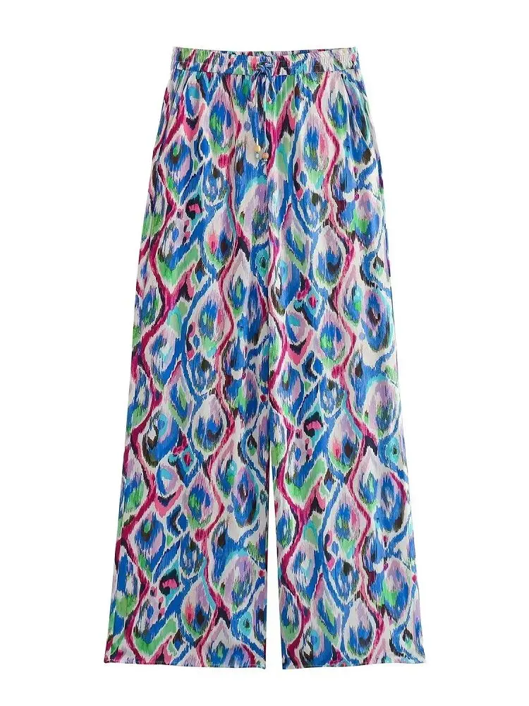 

MYDR 2023 NEW Summer Women Print Zipper Pockets Decoration Casual Vintage Streewear Wide Leg Pants