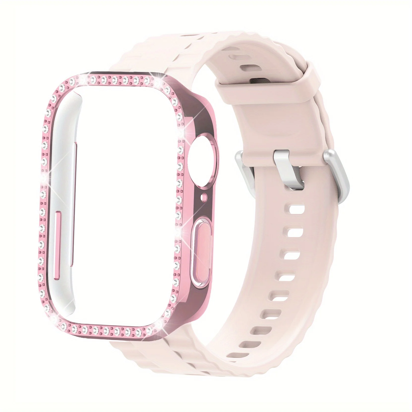 Rhinestone-Studded Soft Watch Band with Protective PC Case - Elegant Strap and Cover Set