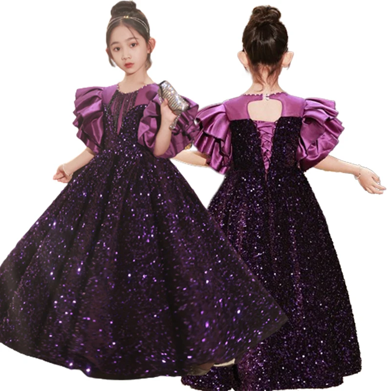 

Wine Red Sequin Flower Girl Pageant Mermaid Dresses Long Puffy Prom Formal Birthday Party Dress Luxury Evening Shining Ball Gown