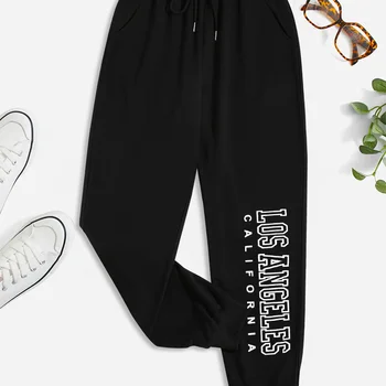 Los Angeles Print Solid Joggers Sweatpants, Sports Pants For Winter & Fall, Women's Clothing