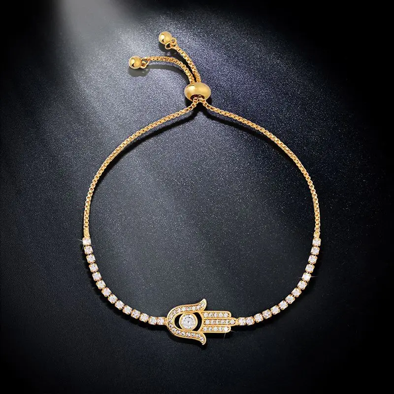 OCESRIO Paved Zircon Hamsa Silver Color Charm Bracelet Hand of Fatima Adjustable Women Fashion Jewelry