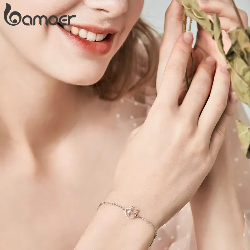 BAMOER 100% 고양이와 하트 링크 체인 팔찌 & Bangles 여성용 정통 실버 주얼리 선물 3 색
