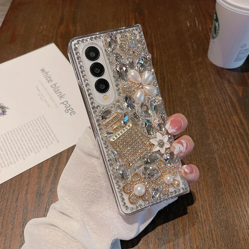 

Luxury Bling Rhinestone Perfume Bottle Phone Cover, Clear PC Case, Glitter Crystal Pearl Flowers, Fit for Samsung Z Fold 5 4 3