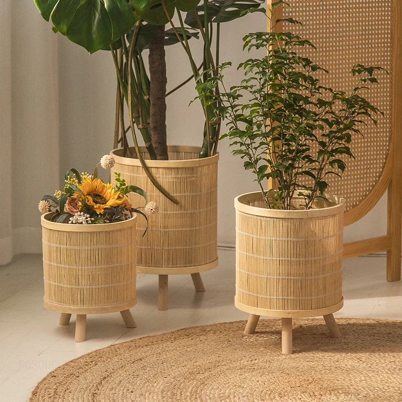 Anti-rust Bamboo Flower Stand for Bedroom Chinese Short-legged Plant Stand Nordic Simple Floor-standing Plant Shelves for B&B