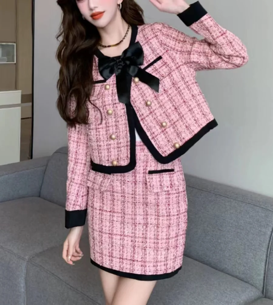 

Autumn Winter Small Fragrant Plaid Tweed Two Piece Set Women Bow Woolen Double Breasted Short Jacket Coat + Mini Woven Skirt