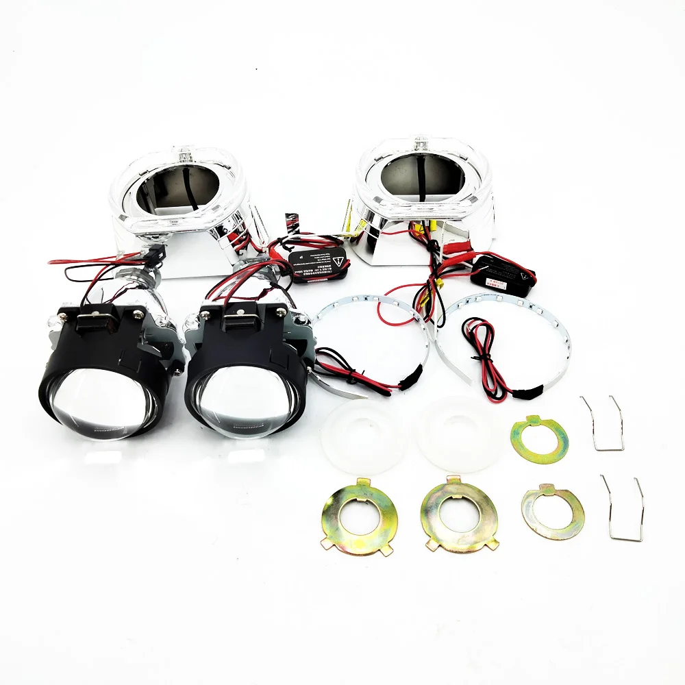 1 Pair 2.5" Square Led Angel Eyes Red Devil Demon Eye Halo Drl Bi Xenon Lens Car Projector Headlight Hid Auto Tuning Kit H4 H7