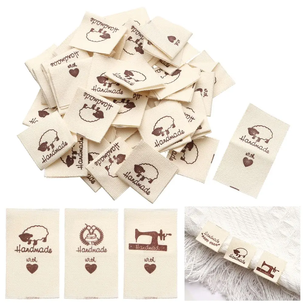 50PCS Handmade With Love Cloth Garment Labels Cartoon Pattern Sheep Scissors Heart Shape Clothing Tags DIY Sewing Accessories