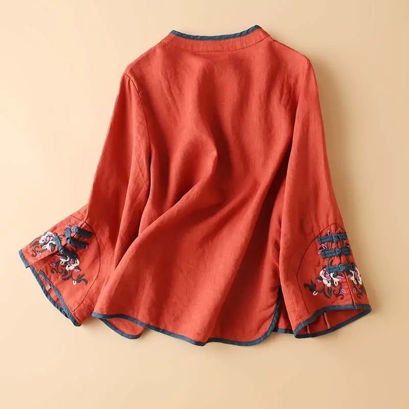 Spring Autumn Long Sleeve New Chinese Style Classic Embroidery Skew Collar Cardigan Casual Solid Color Elegant Temperament Tops