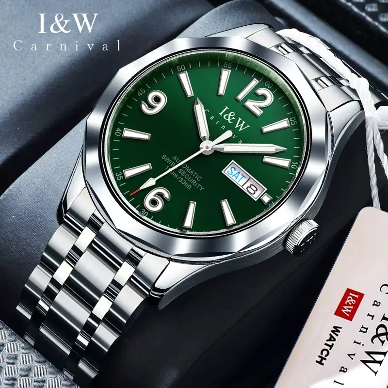 Carnival High-End IW Brand Luxury NH36A Mechanical Watch Men Stainless Steel 100M Waterproof Luminous Sapphire Watches Men