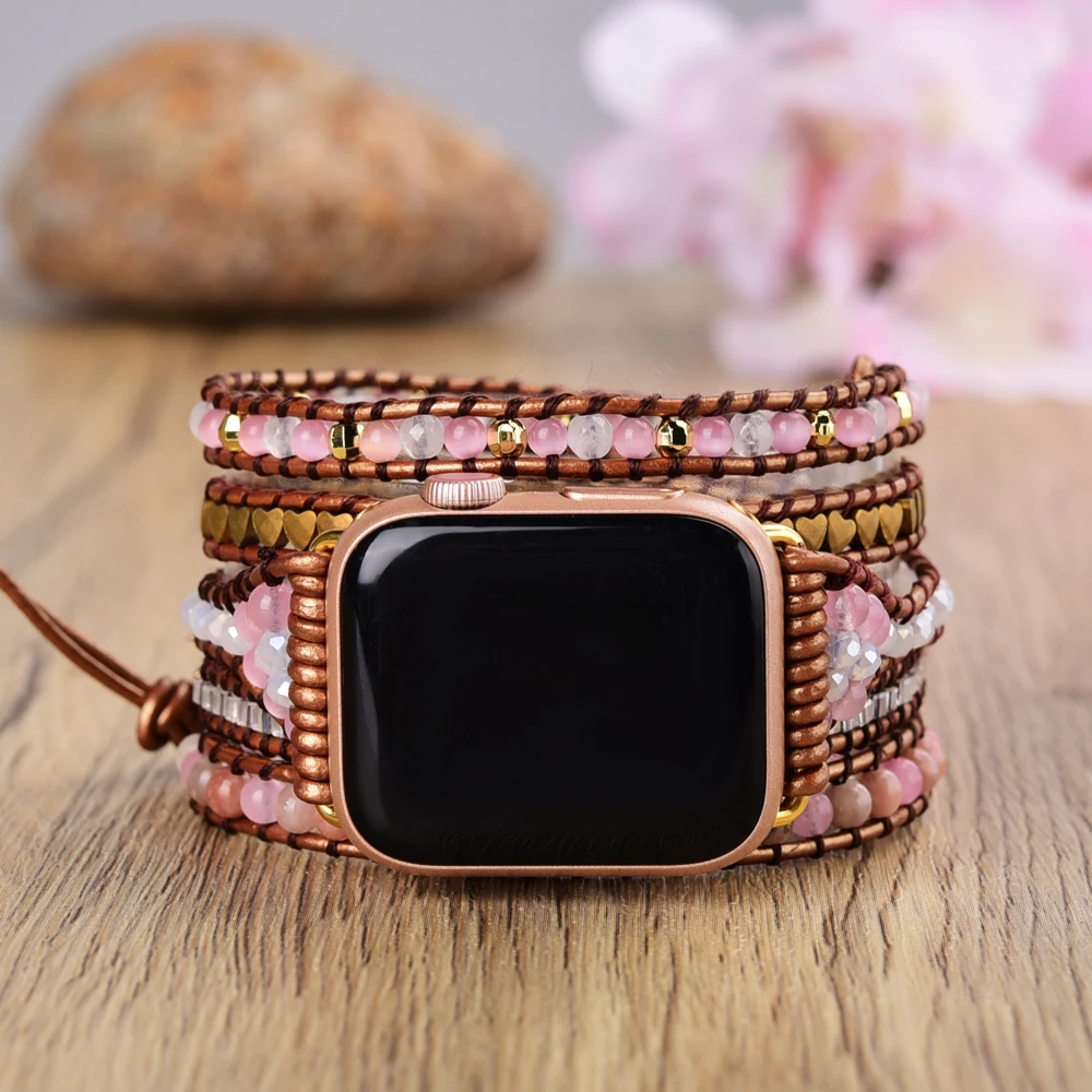 

Ремешок для часов Apple Watch Band, элегантный браслет из натурального розового кварца с лечебным кристаллом, кожаный браслет для Apple Watch 38 мм/45 мм