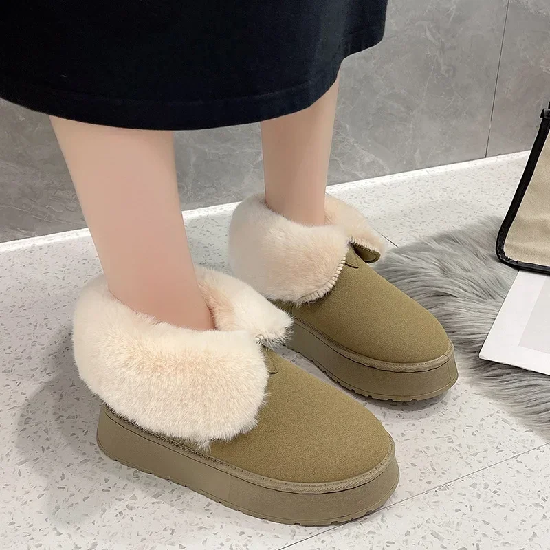 2024 Winter New Women's Plush Snow Boots Outdoors Baotou Slip-on Loafers Woman Faux Fur Flat Casual Warm Comfy Shoes Women