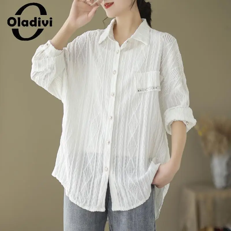 

Oladivi Large Size Long Sleeve Hollowout Lace Blouses Women Casual Loose Shirts 2023 Spring Autumn New Oversized Top Blusas 9205