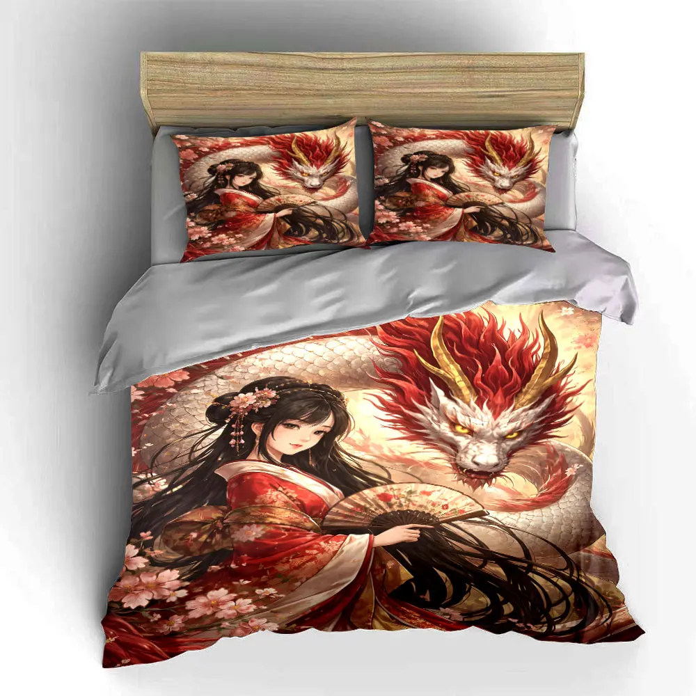 Lady in Red with White Dragon Printed Duvet Cover Set1 Duvet Cover+2 PillowcaseMulti Size Bedroom Bedding Decor Luxury gifts 5