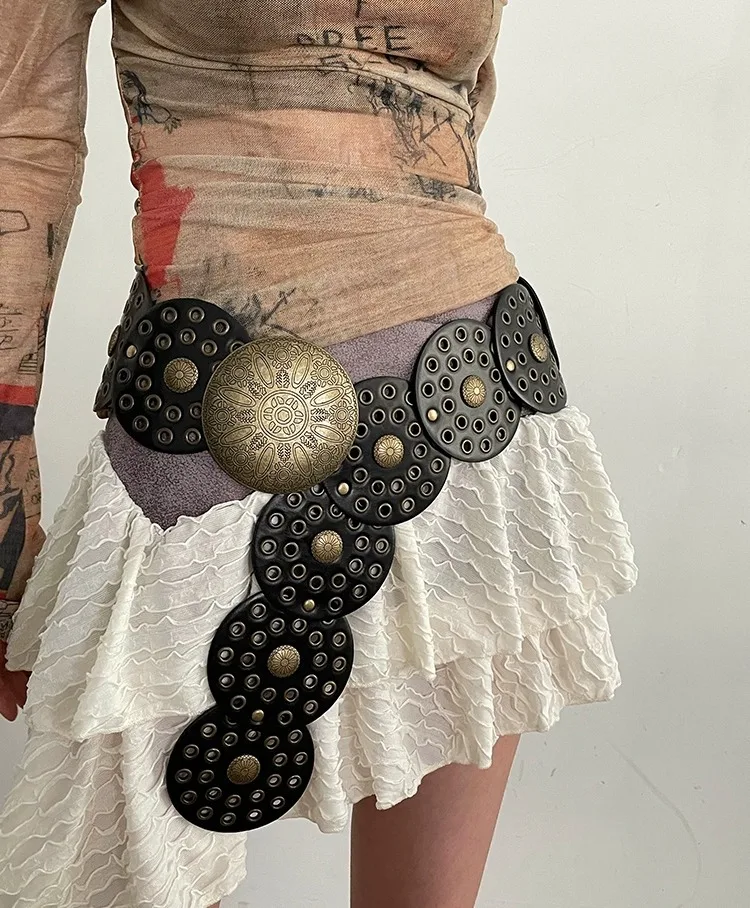 Spice Girl Y2K Harajuku Stil Vintage Niet Patchwork Design Breite Gürtel Für Frauen High Street Faux Leder Bund cinturones – Detail 9