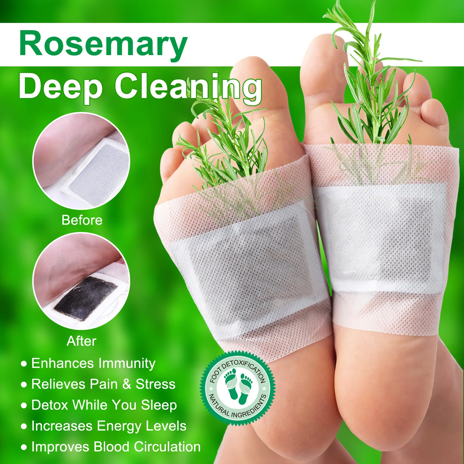 Detox Foot Patch Wormwood Bamboo Charcoal Rosemary Foot Patches Dehumidifying Body Toxins Deep Cleaning Stress Relief Care