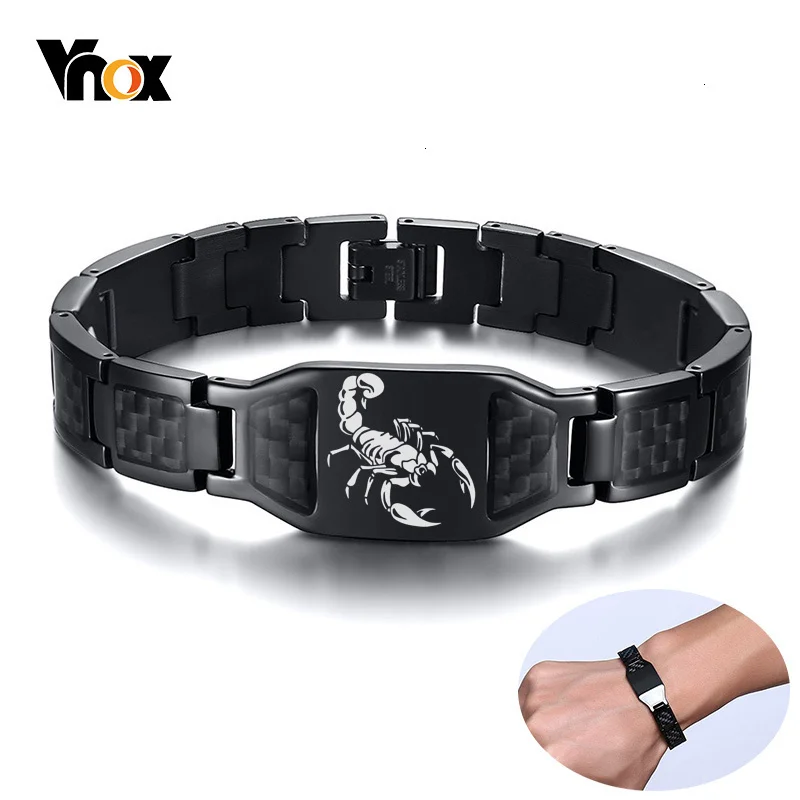 

Vnox Personalize Mens Stylish Scorpion Cross Shield Images Chain Bracelets with Unique Carbon Fiber Custom Jewelry Gifts for Him