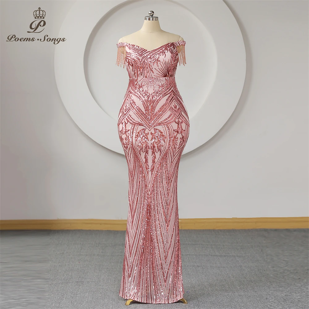 

Luxury Beads Tassel Off Shoulder Evening Dress Pink Sequins Long Mermaid Plus Size Dress Women Prom Dresses Party Maxi dress