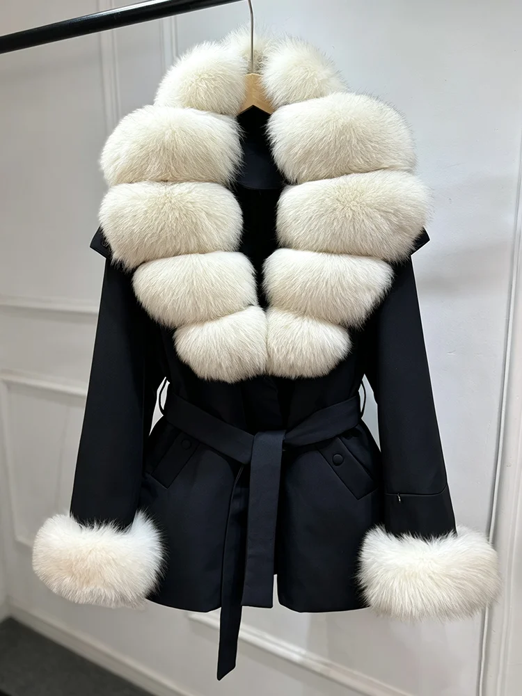 Janveny Luxury Women's Winter Down Jacket 2026 New Large Natural Real Fox Fur Cuff 90% White Duck Down Coat Female Feather Parka