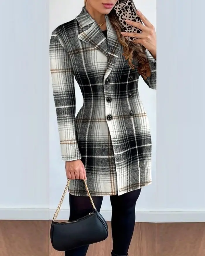 

The New Autumn 2023 Model Is A Fashionable Casual Long Sleeved Collar Plaid Print Double Breasted Medium Length Woolen Coat