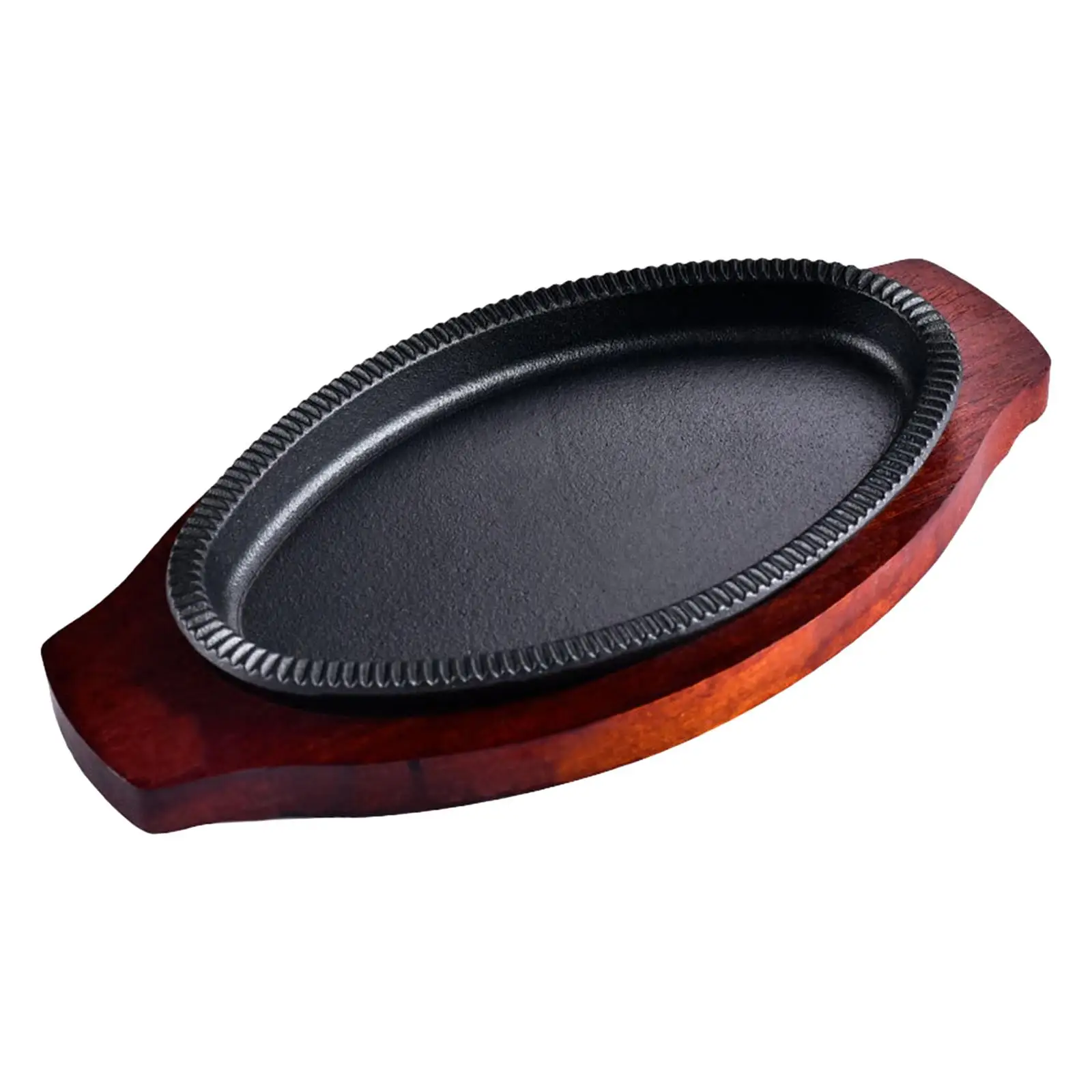 Cast Iron Steak Plate Nonstick with Wooden Base Fajita Pan Sizzle Griddle Steak Pan for Stovetops Home Restaurant Cooking