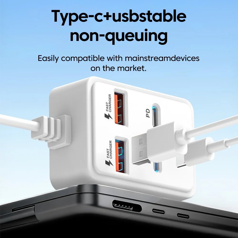 Multi-Port USB Charger with 6 Outlets and Power Strip, 43CM Cable Included