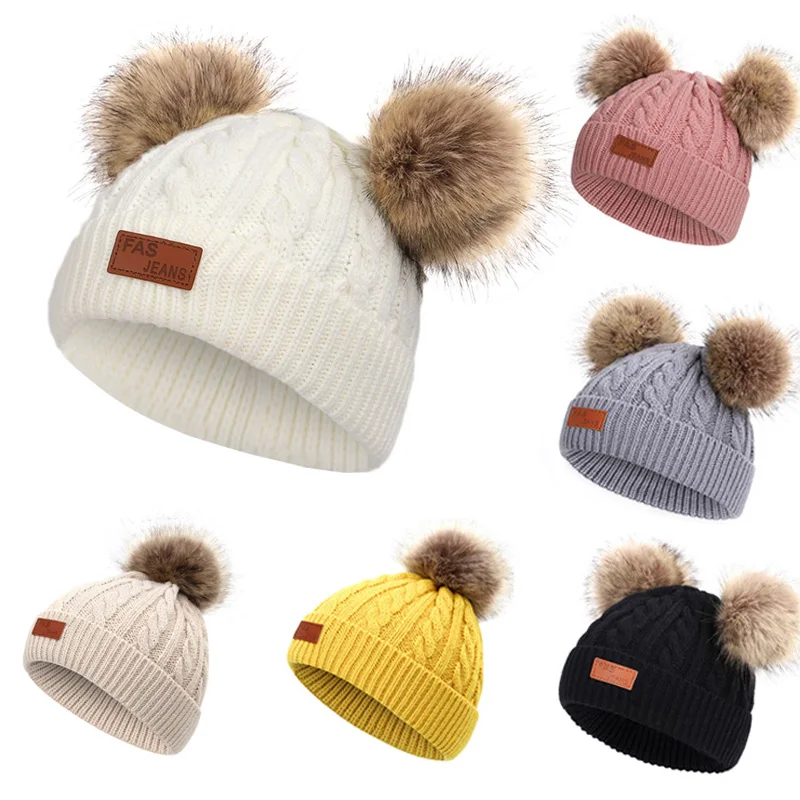 2023 Kids Baby Winter Cap Babies Girls Knitted Cotton Hat Cute Pompom Hats Outdoor Warm Boys Beanie Solid Color Kid Caps 1-5Y