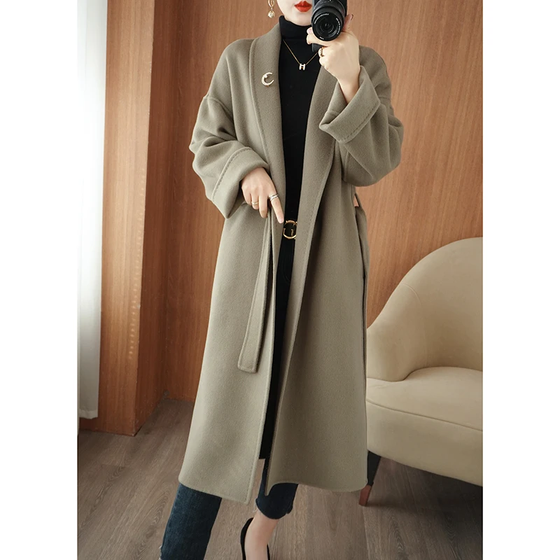 2023 Autumn Winter New Double Sided Woolen Coat Women's Polo Collar Long Sleeve 100% Pure Wool Mid Length Chest Needle Wool Coat