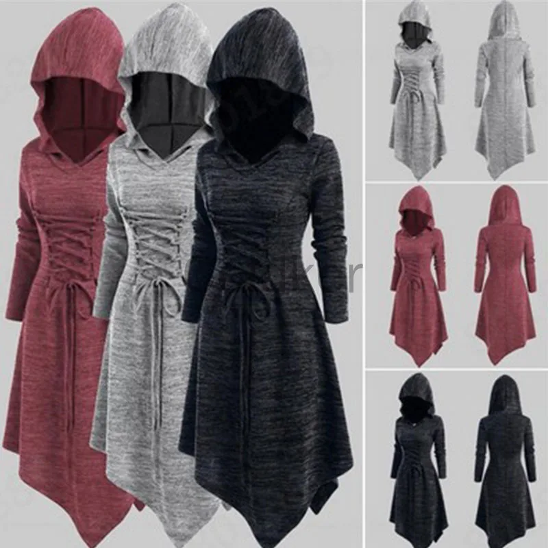 

Women's Vintage Gothic Solid Long Sleeve Hooded Mid Waist Big Swing Midi Dress Medieval Lace Up Costume Halloween Dress Women