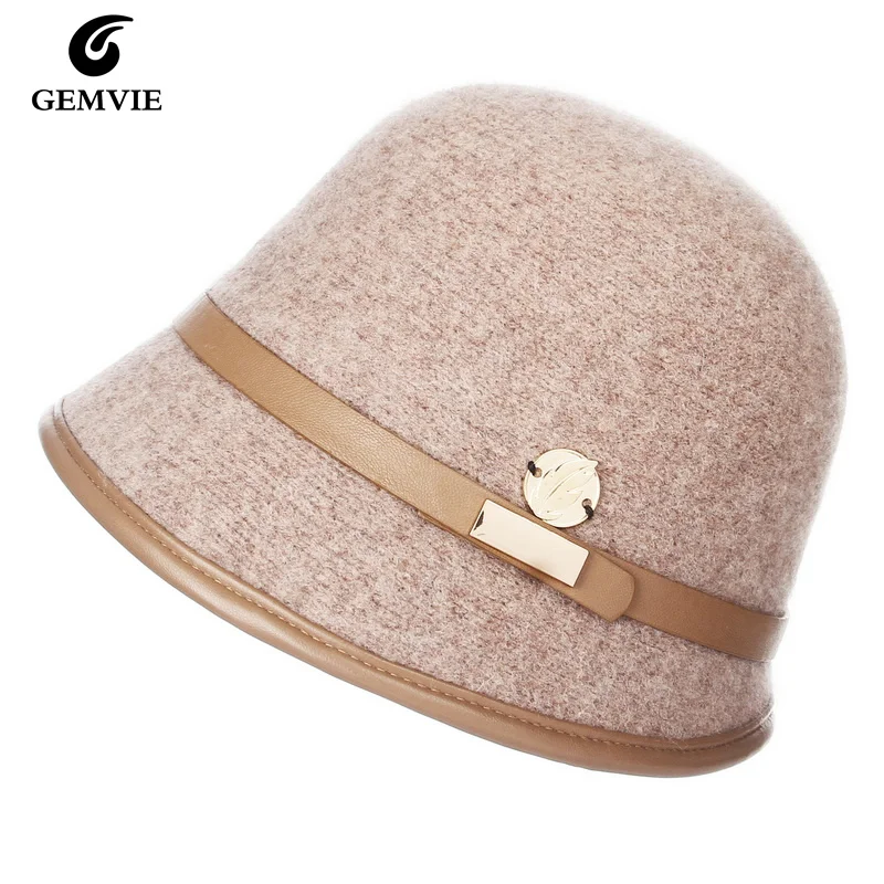 

New Fedora Hat Women Bowler Wide Brim Winter Hat Retro Wool Blend Cloche Belt Bucket Cap Derby Church Hats Black Khaki Grey