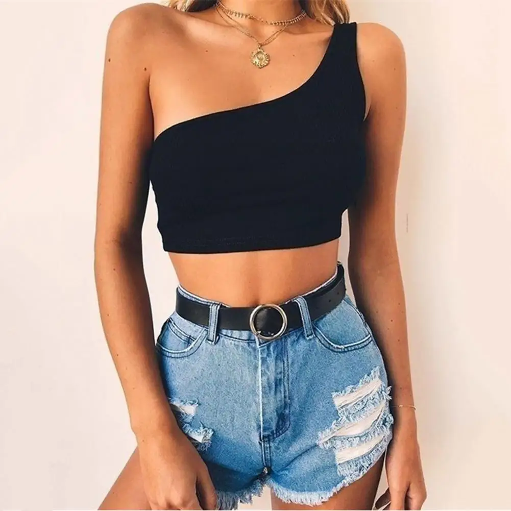 

Sleeveless Candy Colors Ribbed Summer Vest Women One Shoulder Crop Top Female Clothing Camisole Ribbed Tank Top Sexy Streetwear