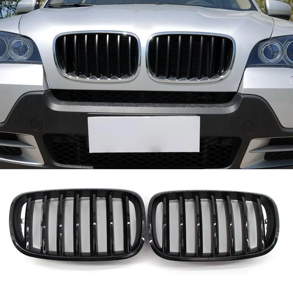 1 Pair Double Slat Grill Grille Gloss Black Front Bumper Racing Grille for BMW X5 E70 X6 E71 2007-2013 Car Accessories