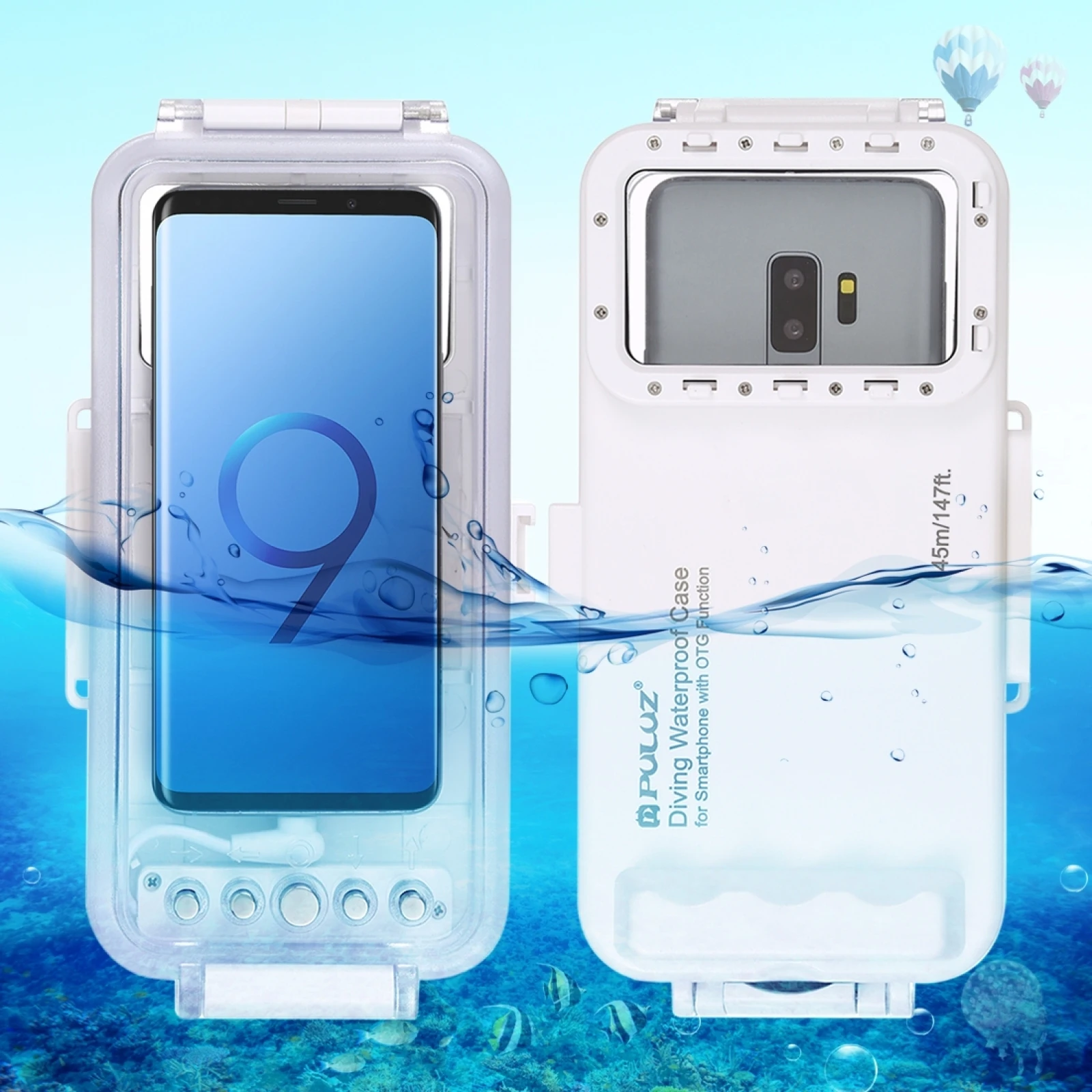 PULUZ 45M Waterproof Phone Case with Red Filter Neck Strap Cleaning Cloth for iphone Galaxy/ / Xiaomi and All Android OTG phone