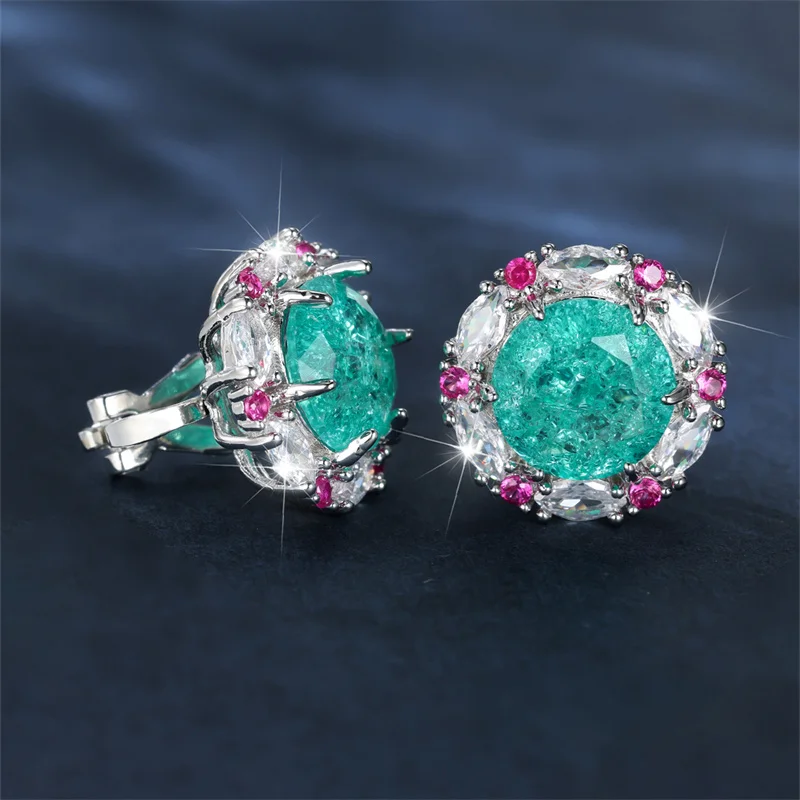 Cute Female Green Round Stone Clip Earrings Charm Silver Color Wedding Jewelry For Women