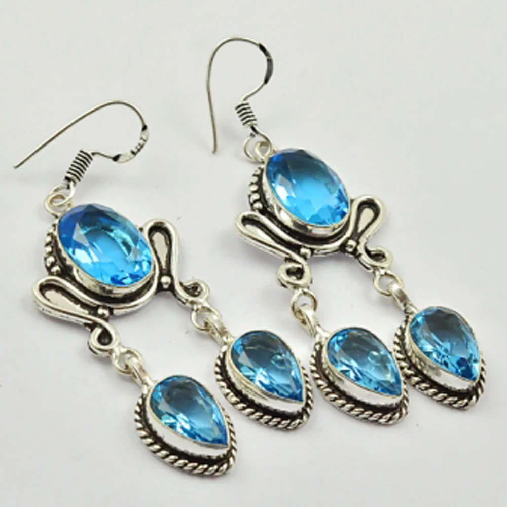 Orecchini Topas Blu Argento Sovrapposti Su Rame, Lunghezza Totale 60Mm , E2957