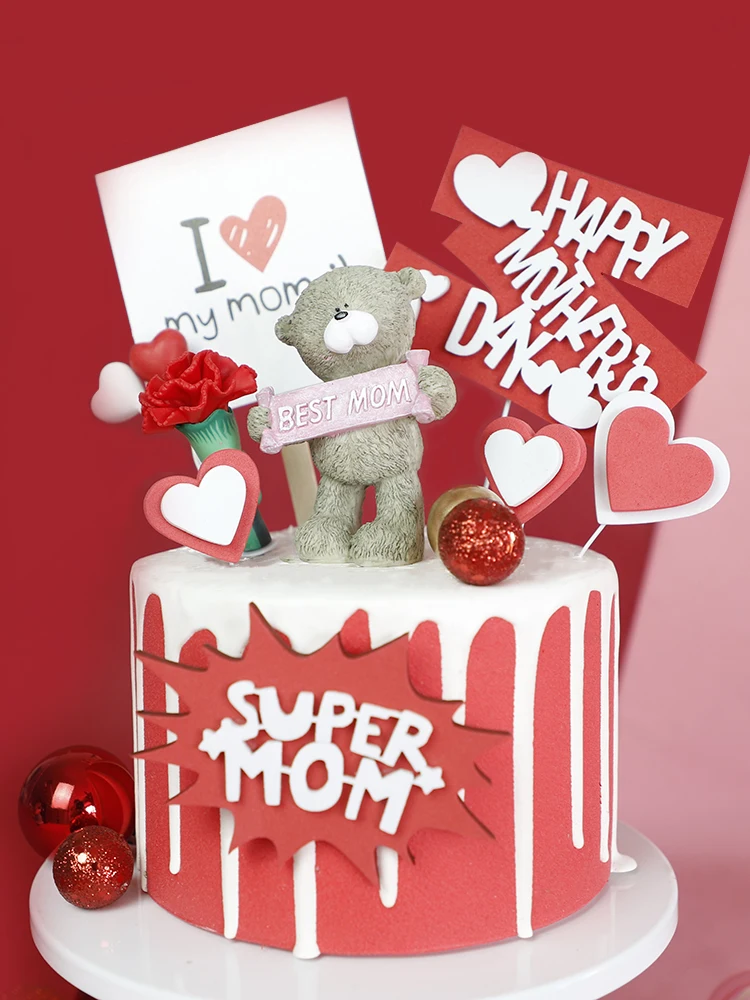 

Happy Birthday Cake Topper Decoration Powder Bear Doll Mother's Day Gift Dessert Flower Heaert Wedding Confess Baking Supplies