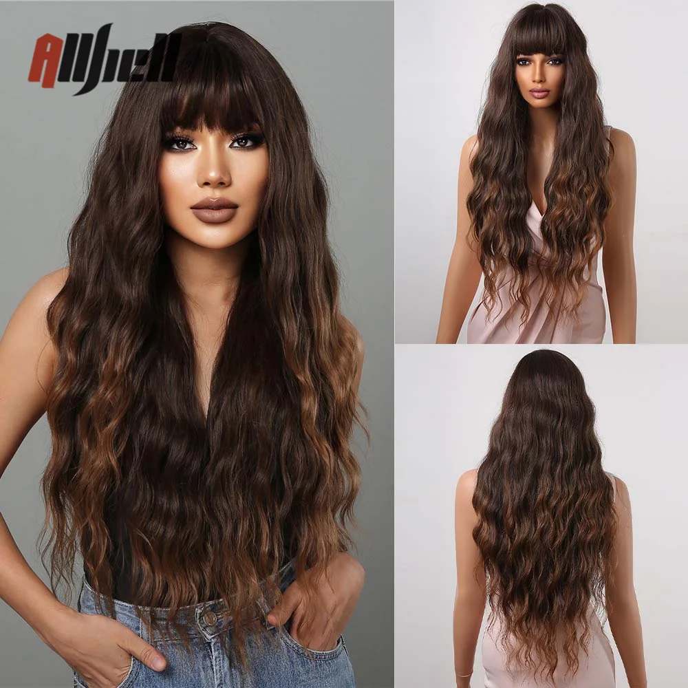 

Synthetic Long Curly Wigs With Bang Copper Chocolate Brown Ombre Deep Wave Hair Wigs for Black Women Afro Female Heat Resistant