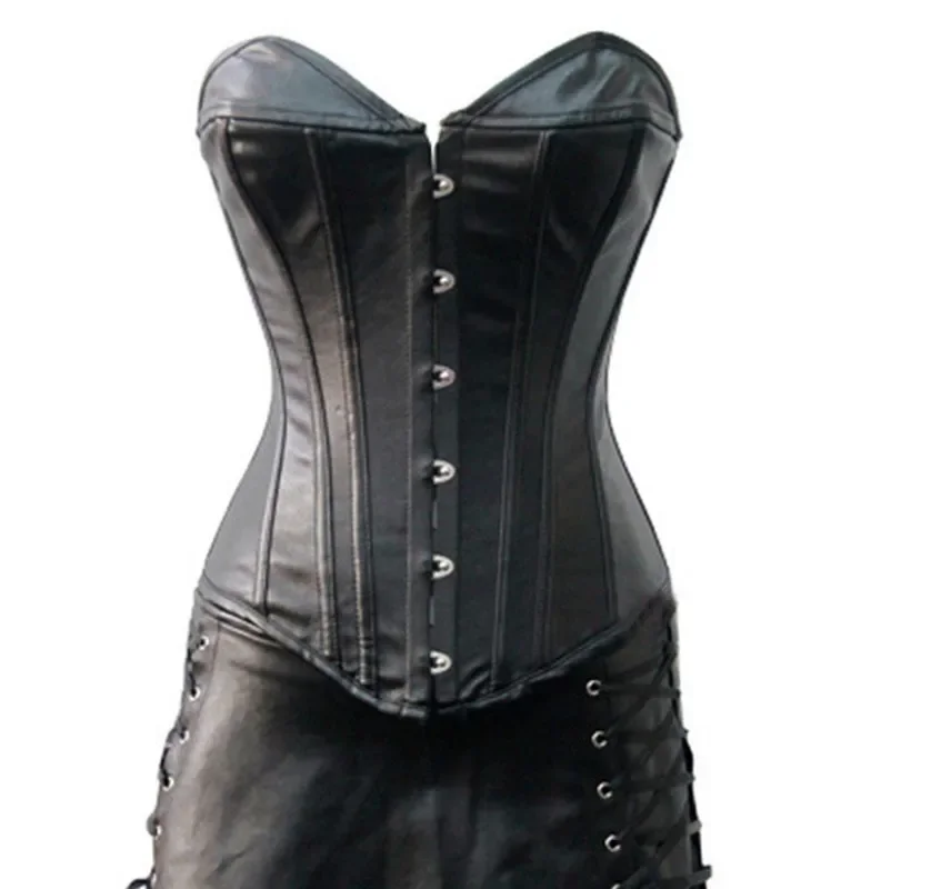 Women's Sexy Lingerie Black Leather Lace Steampunk Corset Lady PVC Mini Dress Waist Gothic Bustier Zip Dominatrix Shapers