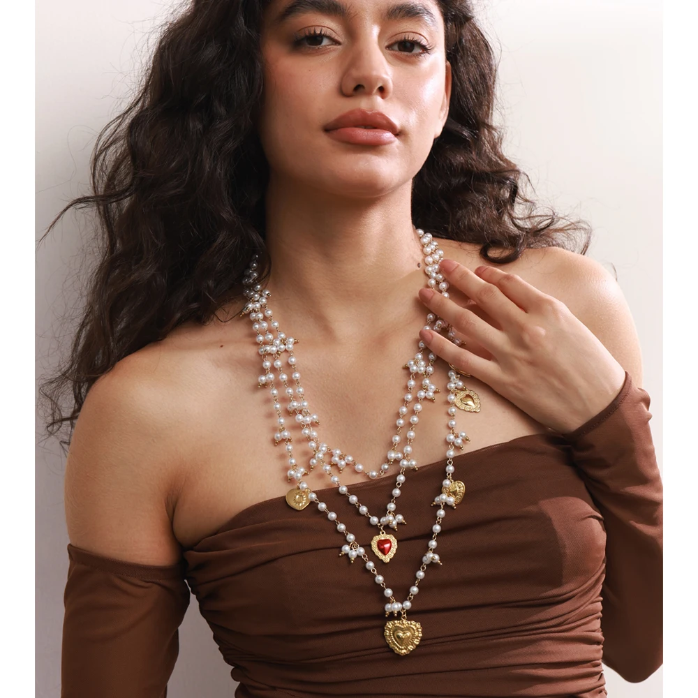 Yhpup Simulated Pearls Layered Chain Heart Drop Necklace Stainless Steel