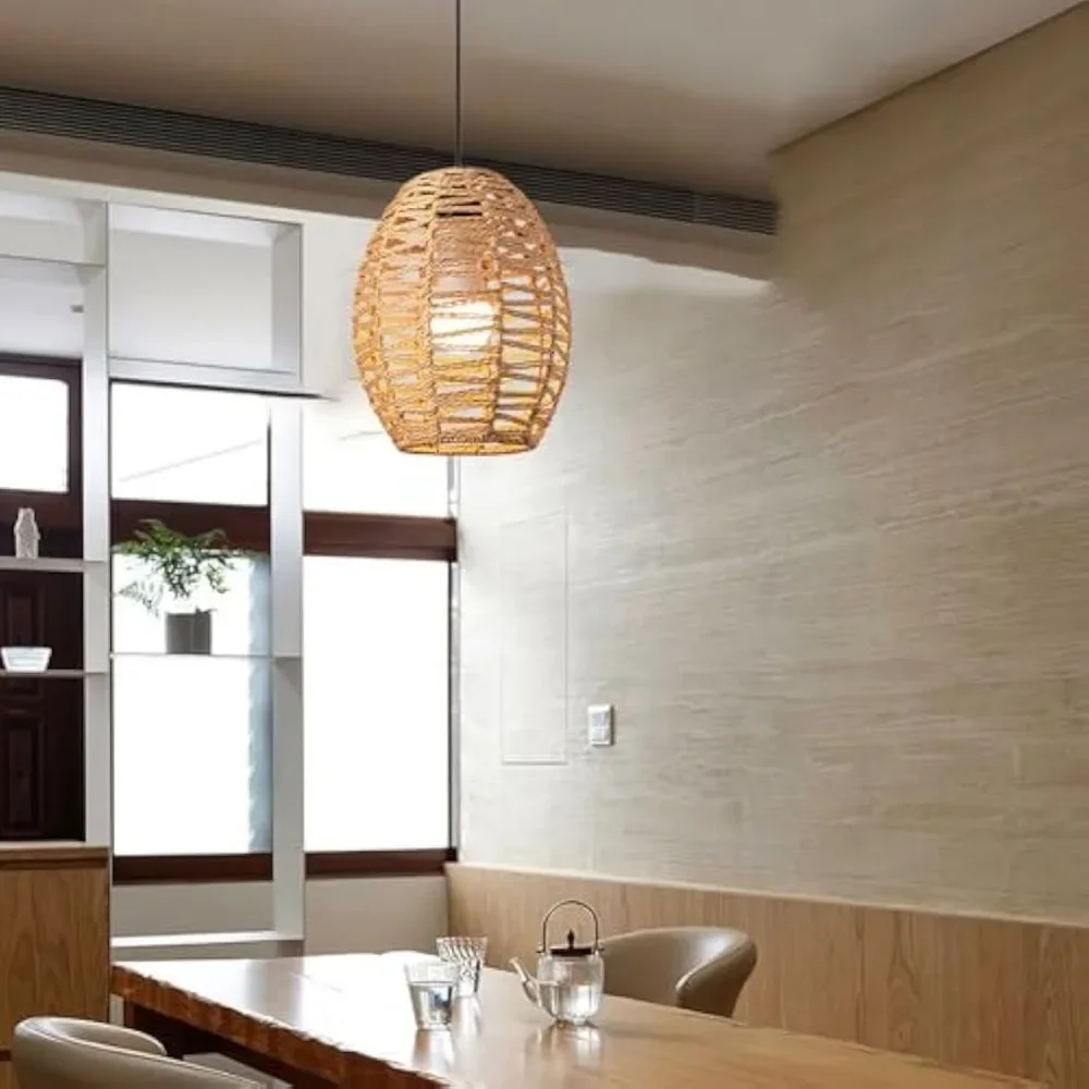 Boho Vintage Wicker Pendant Lamp Wabi-sabi Ceiling Hanging Light Fixture for Bedroom Living Room Kitchen Island E27 Household