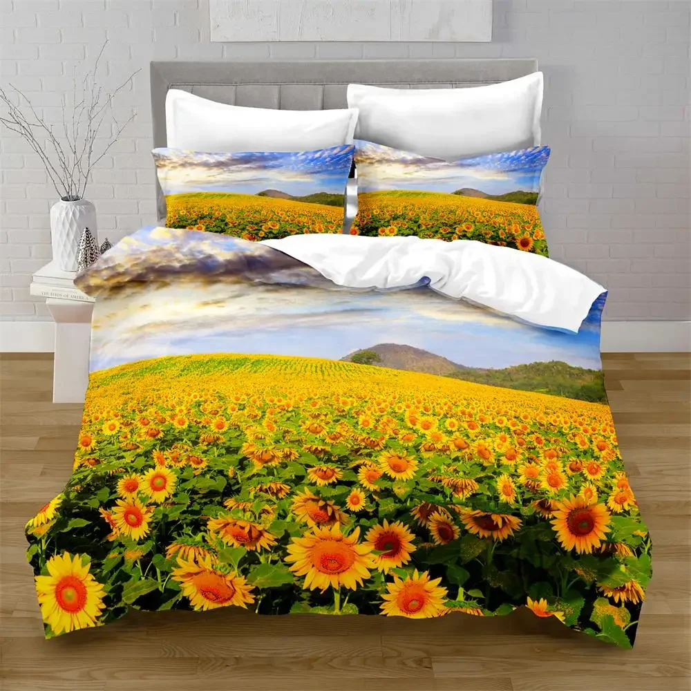 Sunflower Duvet Cover Set Yellow Flowers Lush Sunflowers In The Field Bedding Set Microfiber Botanical Floral Print Quilt Cover