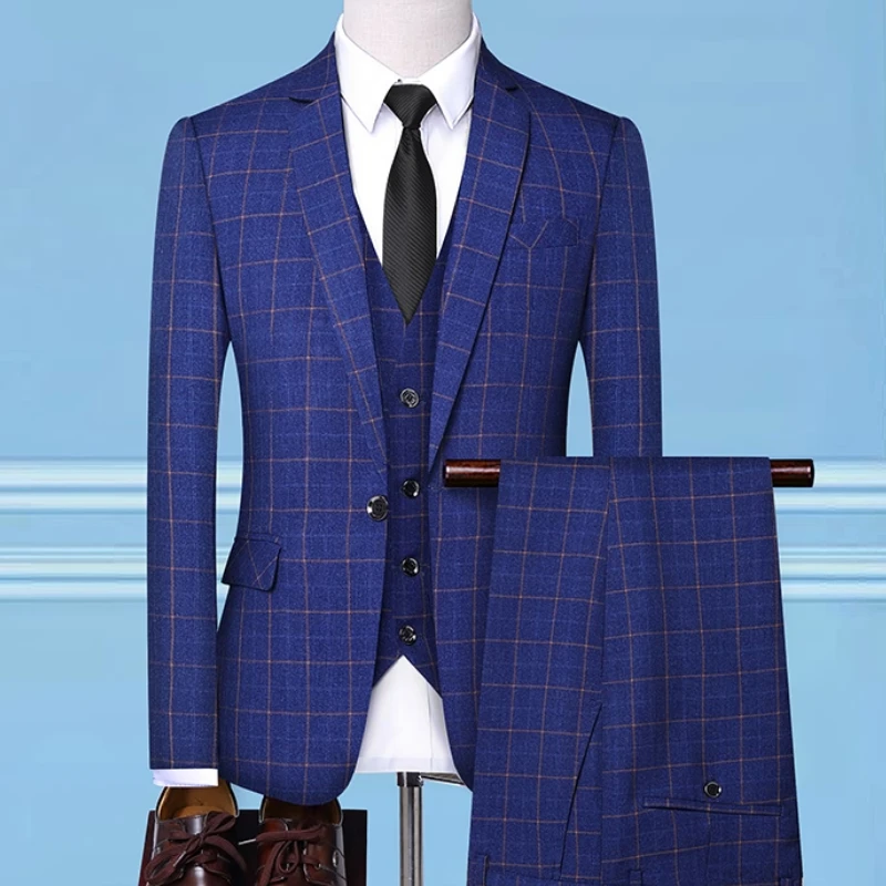 

(Blazer+Pants+Vest) Luxury Men Suit 3 Piece Set Fashion Boutique Lattice Groom Wedding Dress Men's Tuxedo Suit