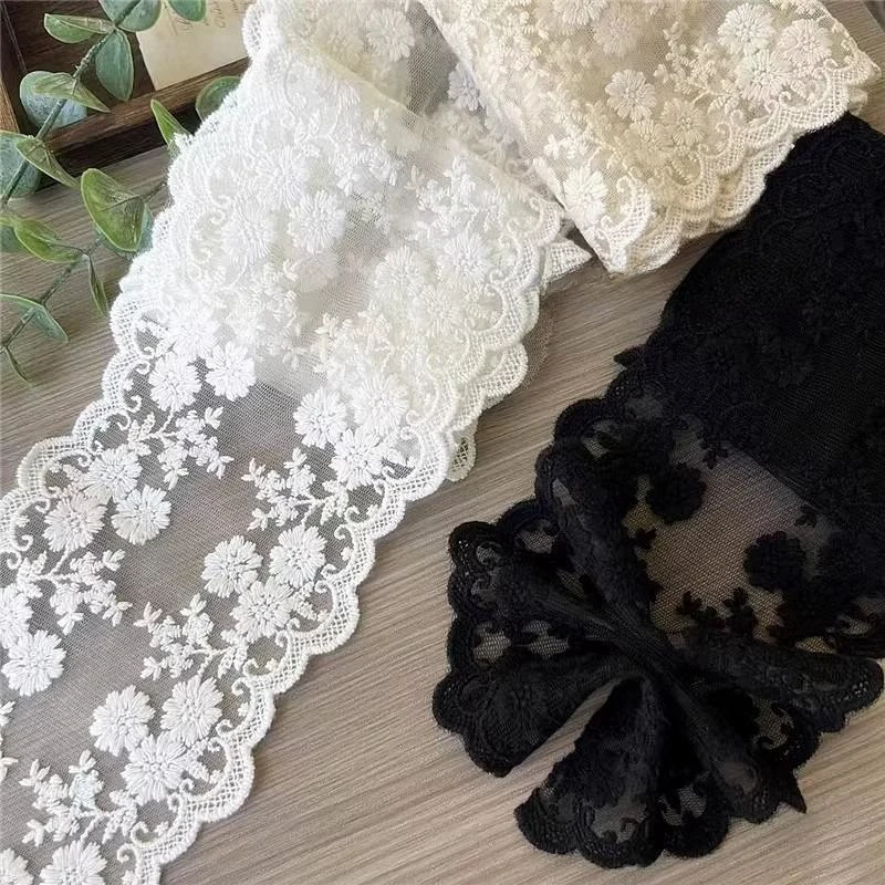 Black White Gauze Cotton Thread Embroidery Lace Trim 5Yard Lot Bride Wedding Dress Clothes Accessories DIY 11CM Wide. lace ribbon lace fabric lace sewing accessories lace sewing supplies lace accessories lace garment accessories clothing craft accessories