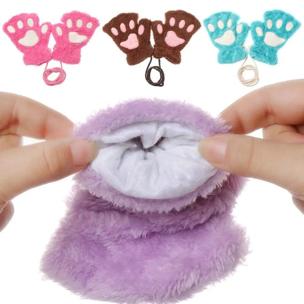 Lovely Warm Plush Fluffy Warm Children Gloves Cat Paw Mittens Fingerless