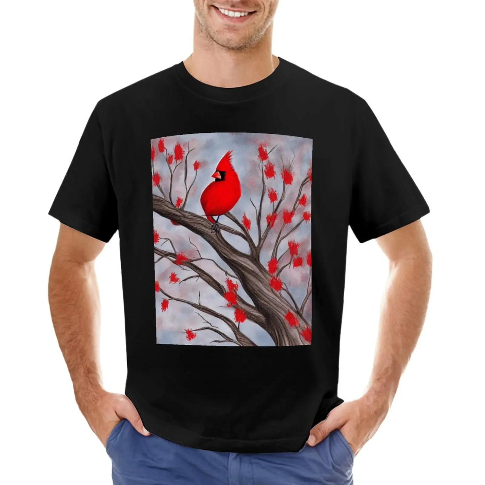 

Bright Red Cardinal in a Tree T-Shirt quick drying t-shirt Aesthetic clothing oversized t shirts Short sleeve t shirts for men