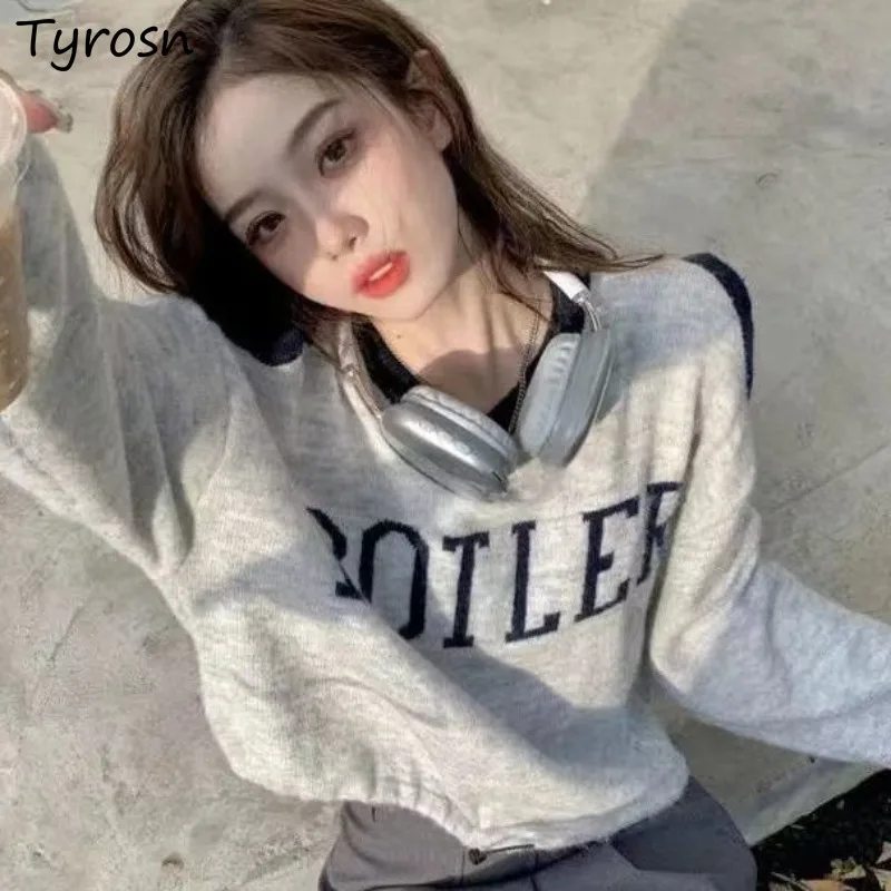 

Off Shoulder Sweatshirts for Women Loose Comfortable Spring Clothing Korean Style Students Chic Design Letter Pattern Casual